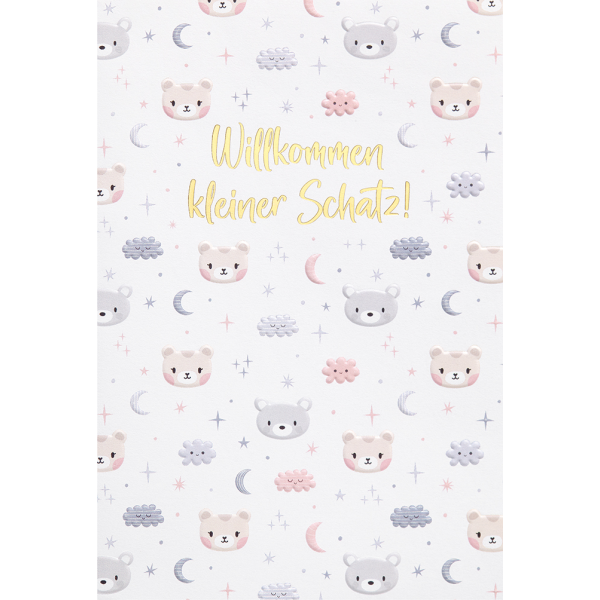 Geburt Baby unverpackte Glückwunschkarte mit Umschlag Teddybären Monde Sterne Willkommen kleiner Schatz!