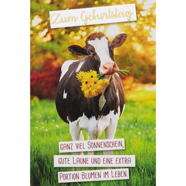 Geburtstag unverpackte Glückwunschkarte mit Umschlag Kuh Zum Geburtstag Ganz viel Sonnenschein gute Laune und eine extra Portion Blumen im Leben