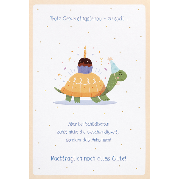 Geburtstag verspätet nachträgliche unverpackte Glückwunschkarte mit Umschlag Schildkröte mit Muffin Trotz Geburtstagstempo - zu spät...