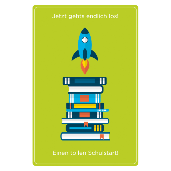 Schulanfang unverpackte Glückwunschkarte mit Umschlag Rakete startet von Büchern Jetzt geht’s endlich los! Einen tollen Schulstart!