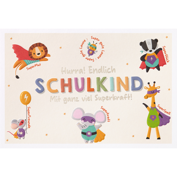 Schulanfang unverpackte Glückwunschkarte mit Umschlag Hurra! Endlich Schulkind mit ganz viel Superkraft!