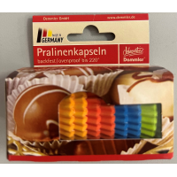 150 Pralinenkapseln backfest bunt sortiert 2,6x1,6cm in Verpackungskarton mit Eurolochung Pralinenförmchen