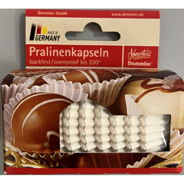150 Pralinenkapseln backfest weiß sortiert 2,6x1,6cm in Verpackungskarton mit Eurolochung Pralinenförmchen