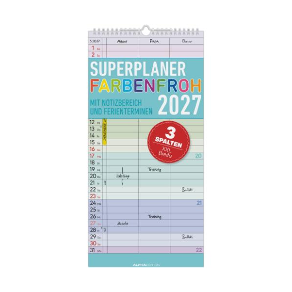 Kalender 2027 Familienplaner Superplaner Farbenfroh 3 Spalten - 22x45 Drahtkammbindung Alpha Edition
