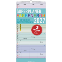 Kalender 2027 Familienplaner Superplaner Farbenfroh 3 Spalten - 22x45 Drahtkammbindung Alpha Edition