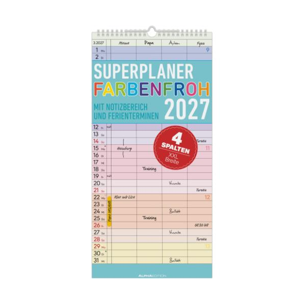 Kalender 2027 Familienplaner Superplaner Farbenfroh 4 Spalten - 22x45 Drahtkammbindung Alpha Edition
