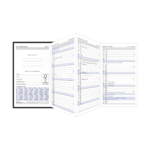 Kalender 2027 Taschenplaner Leporello schwarz - 9,5x16 Keine Zettler