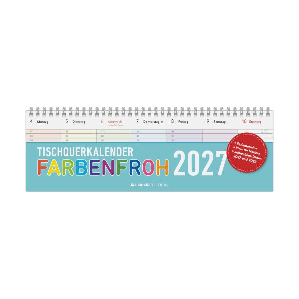 Kalender 2027 Tischquerkalender Farbenfroh - 32x10,5 Drahtkammbindung Alpha Edition