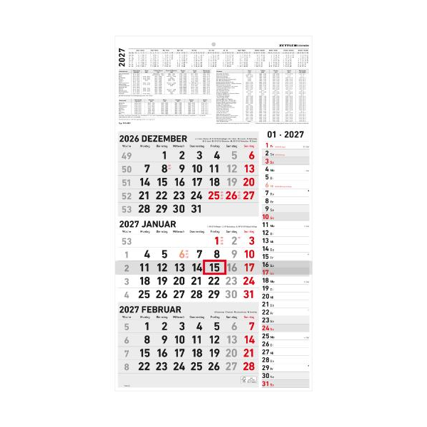 Kalender 2027 Mehrmonatskalender 3-Monatskalender Kombi - 33x58,8 Drahtheftung Zettler